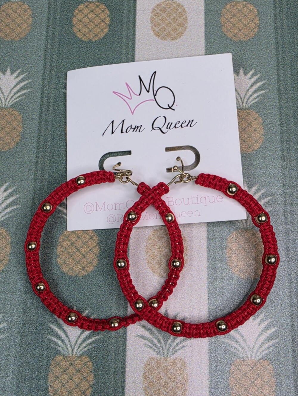 Mom Queen Red Macramé Hoop Earrings with Beads